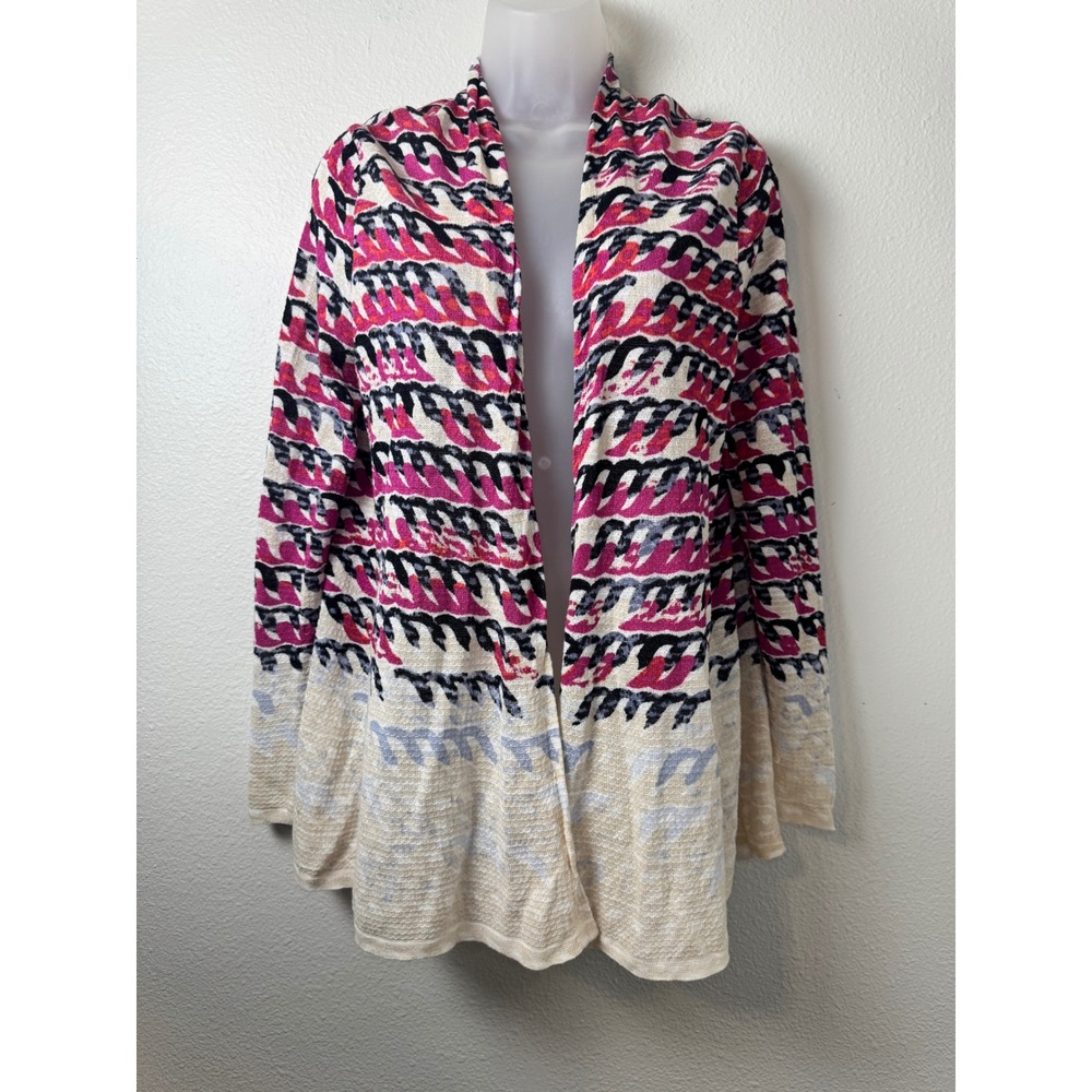 Nic+Zoe Women Medium Linen Blend Open Front Cardigan Abstract Pink Black Knit
